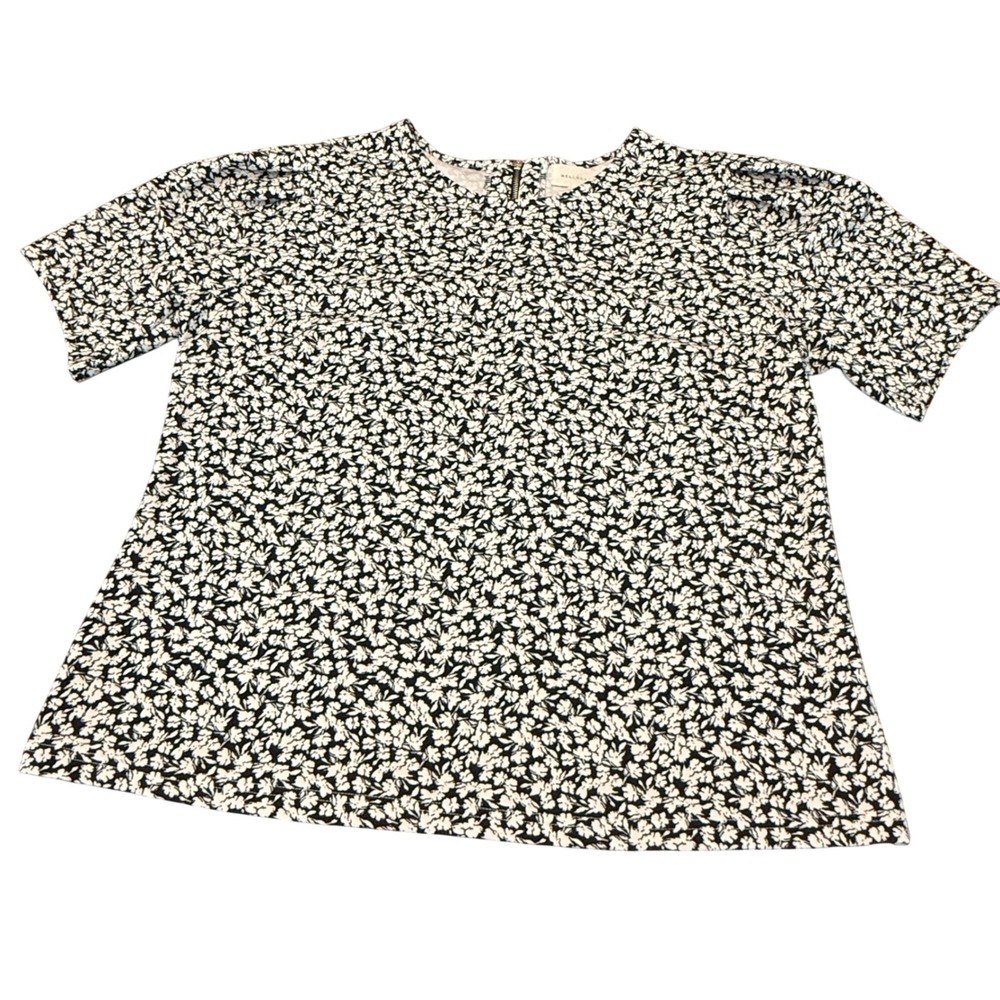 Melloday Womens XL Black White Floral Short Sleeve Blouse Exposed Back Zip Top